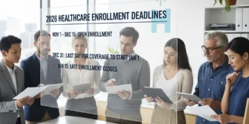 Diverse individuals reviewing 2026 healthcare enrollment deadlines on a digital calendar in a modern setting.