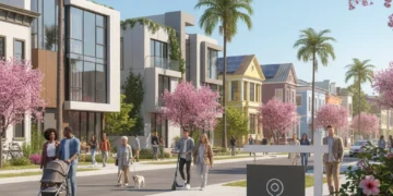 Modern residential street with diverse housing and a 'For Sale' sign, reflecting the 2026 US housing market for new residents.