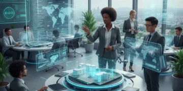 Professionals collaborating with AI interfaces in a modern office