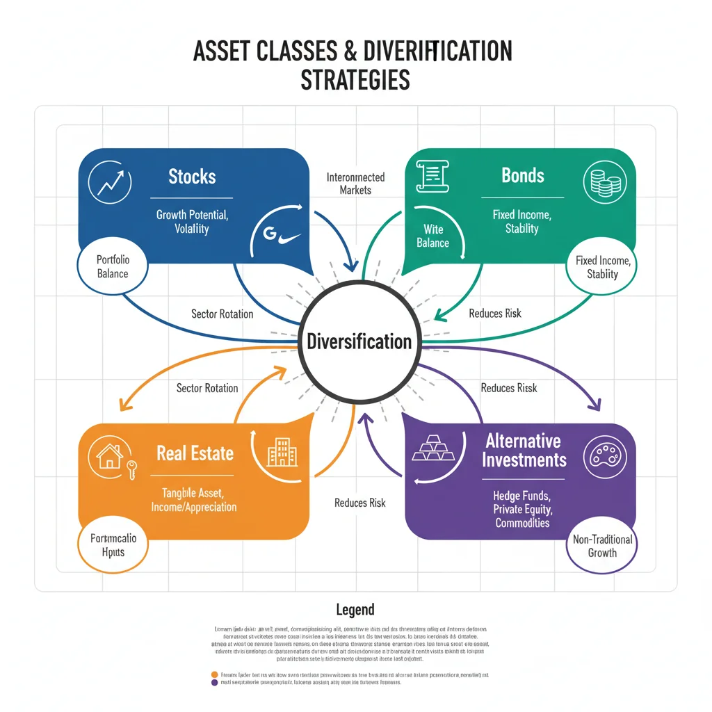 Infographic illustrating various asset classes and the benefits of portfolio diversification.