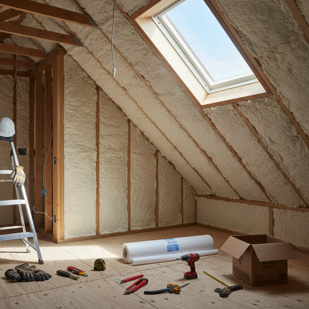 Attic with new, thick insulation for improved home energy efficiency.