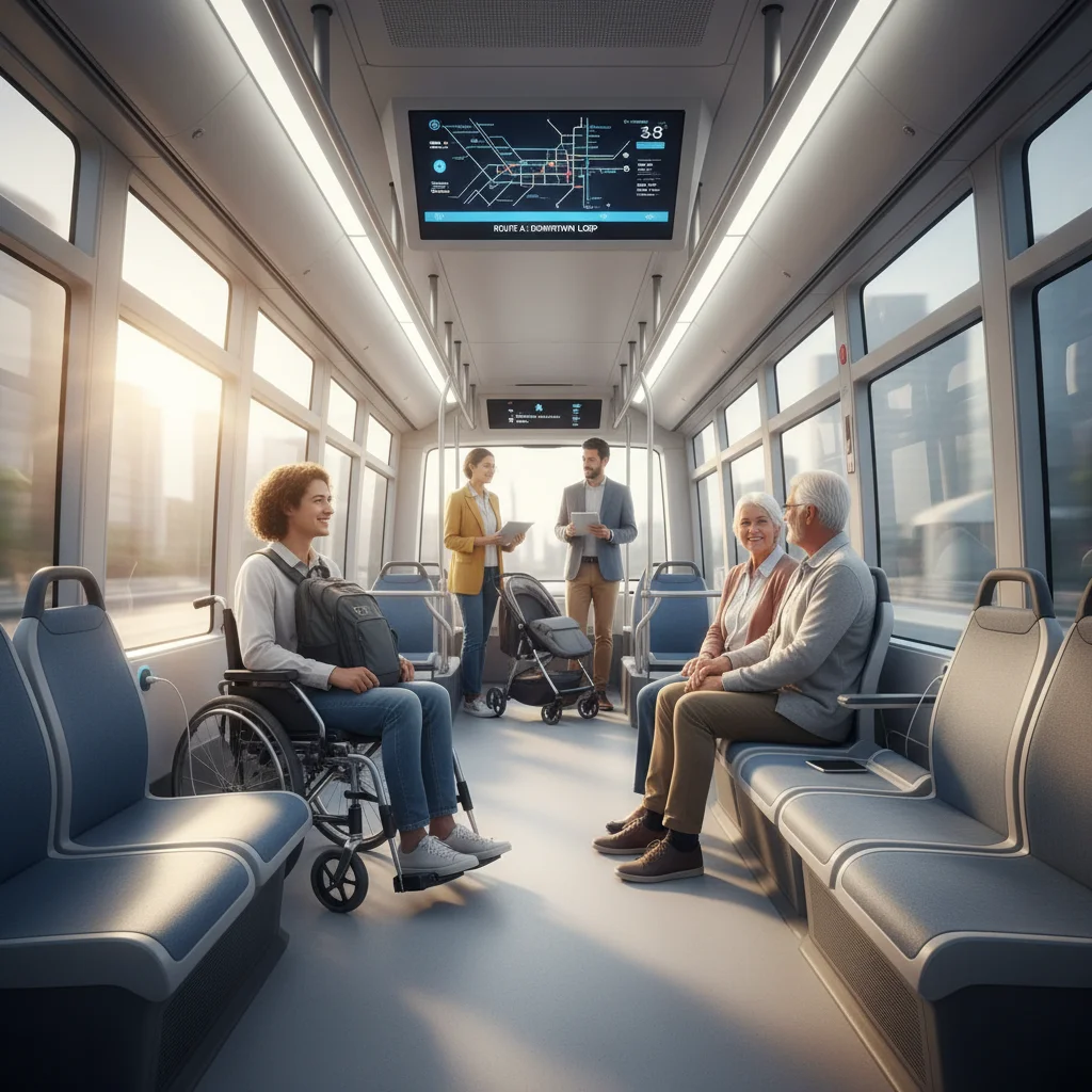 Diverse commuters in a modern autonomous public shuttle with digital screens and charging ports.