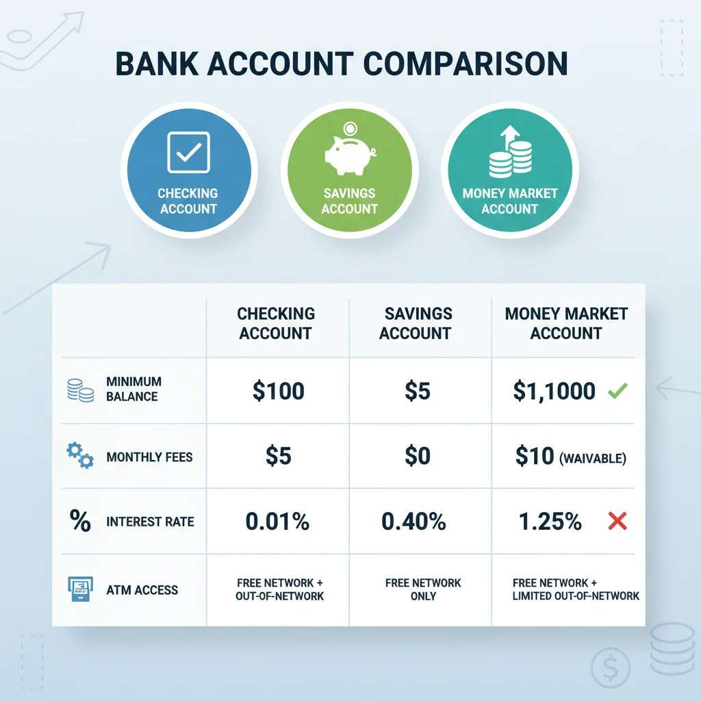 Infographic comparing features of different bank accounts: checking, savings, money market.
