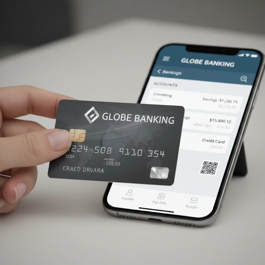 Hand holding credit card, smartphone with banking app showing account types.