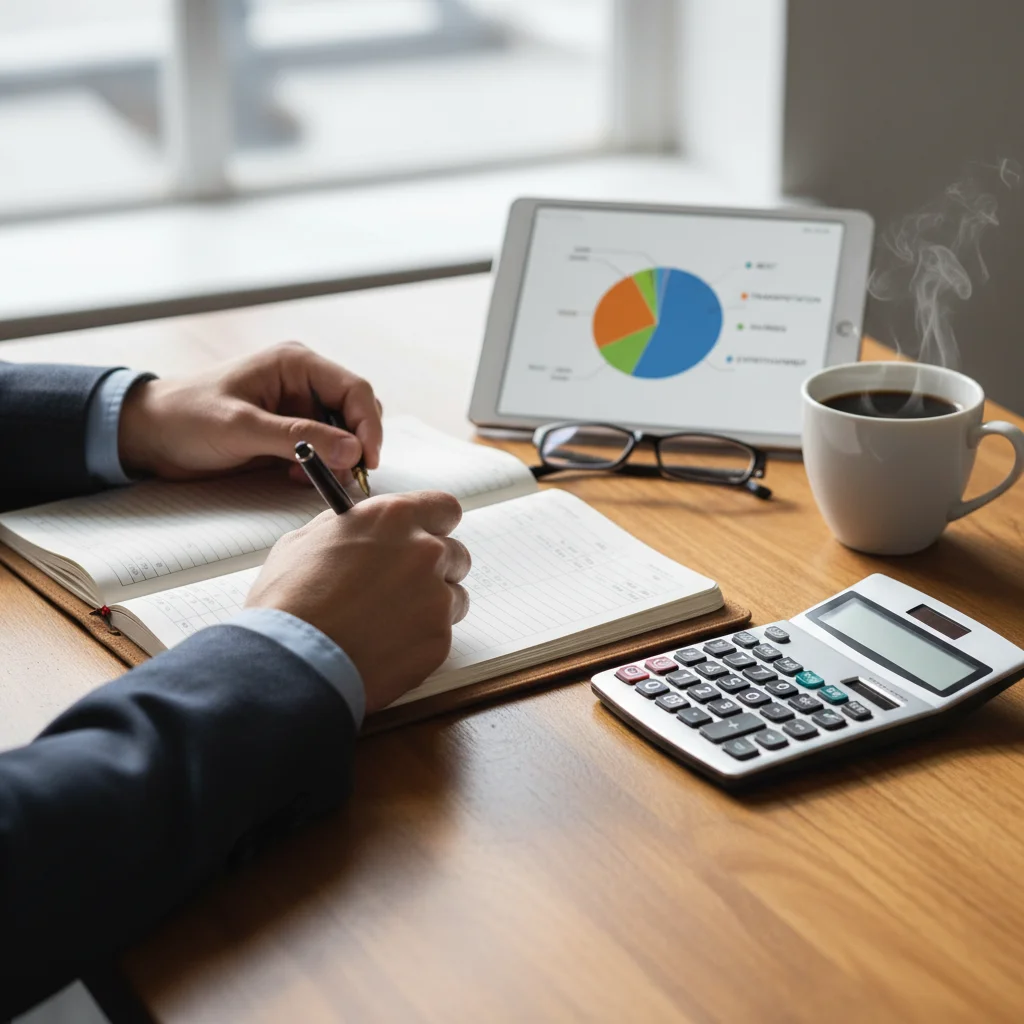 Person budgeting and tracking expenses to build a 3-month emergency fund.