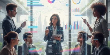 Professionals collaborating on a career development plan for 2026, using digital tools and physical notes, symbolizing strategic planning and future success in the US job market.
