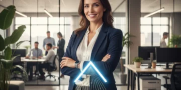 Professional woman confidently looking towards career advancement in a modern office.