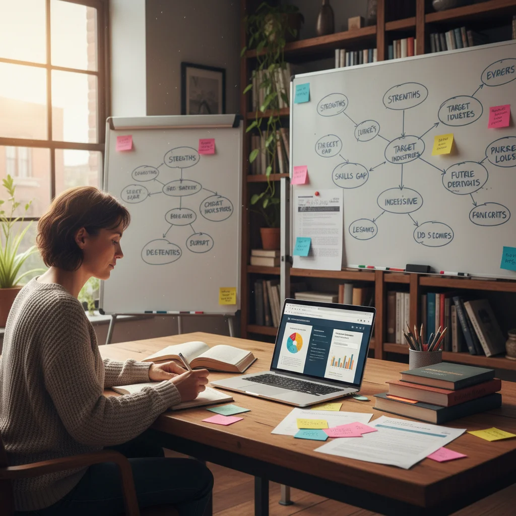 Individual conducting thorough self-assessment and industry research for a career change
