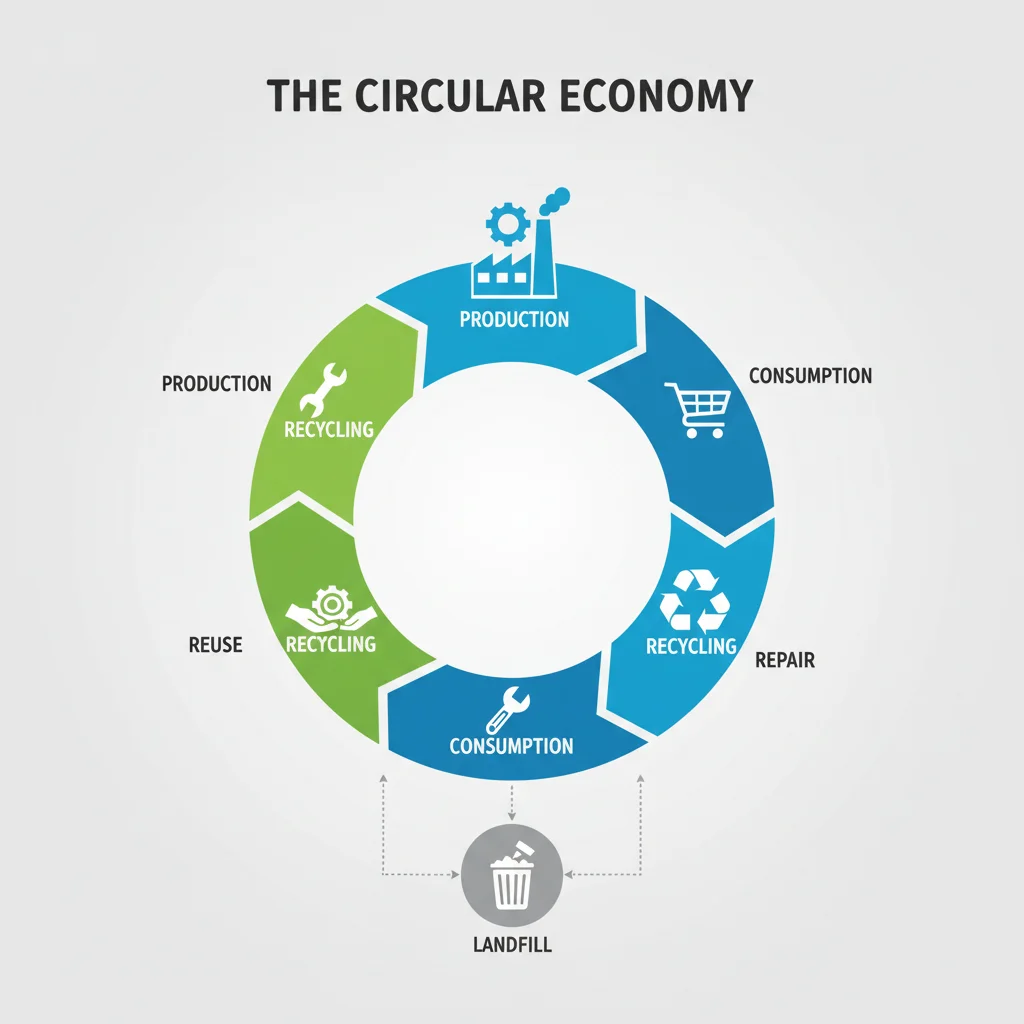 Circular economy infographic with production, consumption, reuse, repair, and recycling loops.