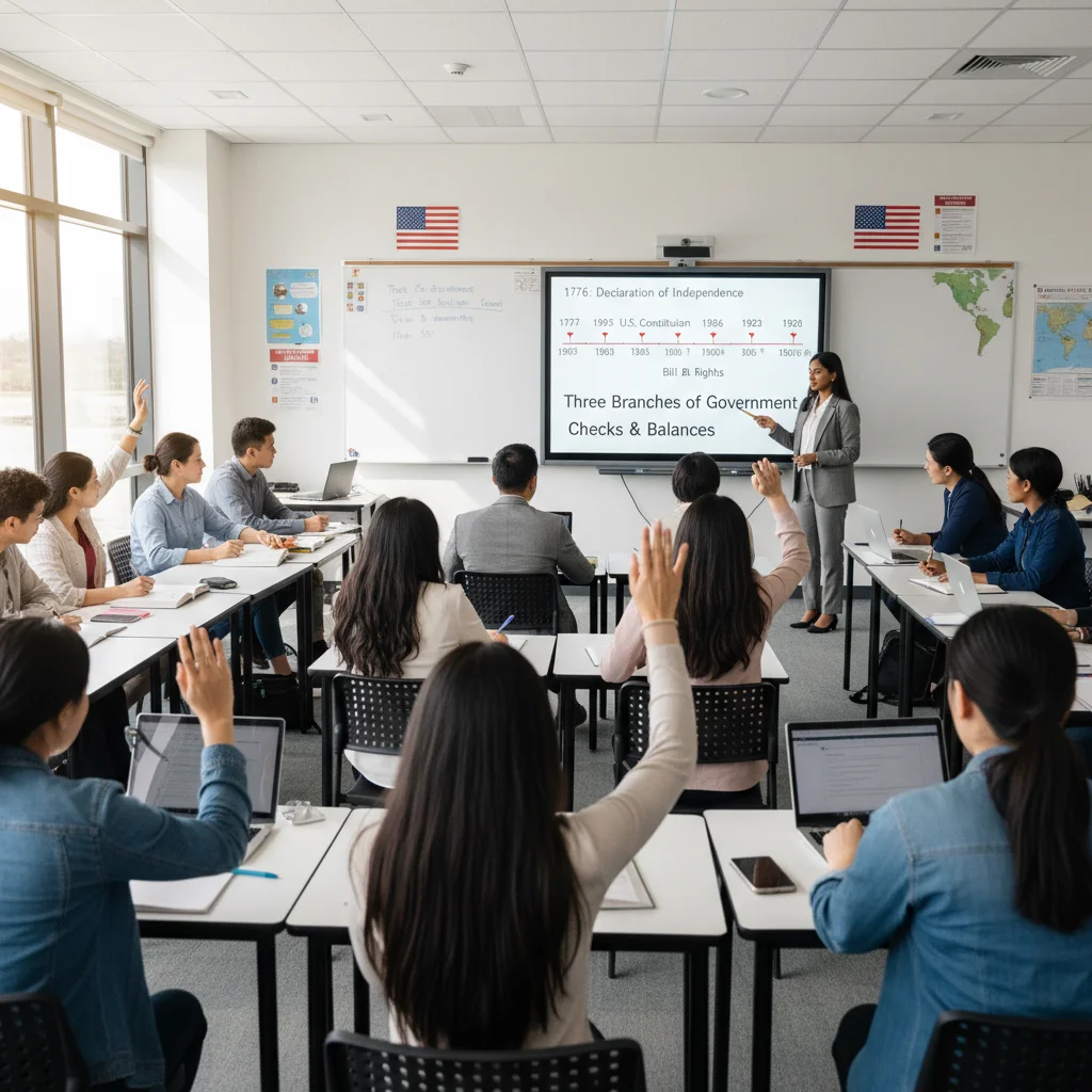 Diverse adults in a modern citizenship class, actively learning US history and civics.