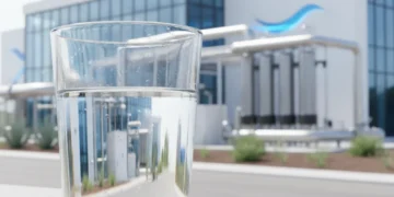 Clear glass of water with modern water treatment plant in background