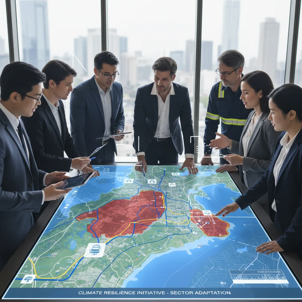 Professionals collaborating on climate risk assessment and planning
