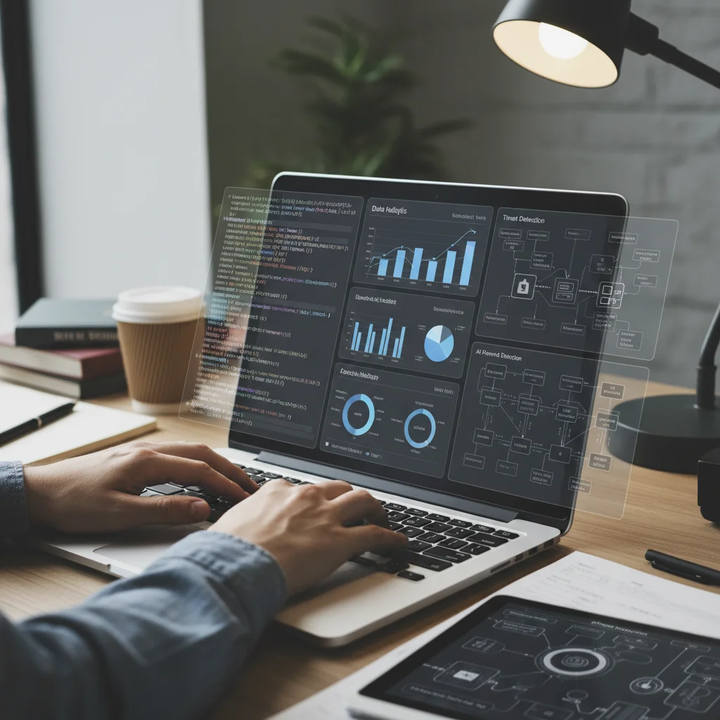 Hands typing code and analyzing data, symbolizing AI and data science skill development