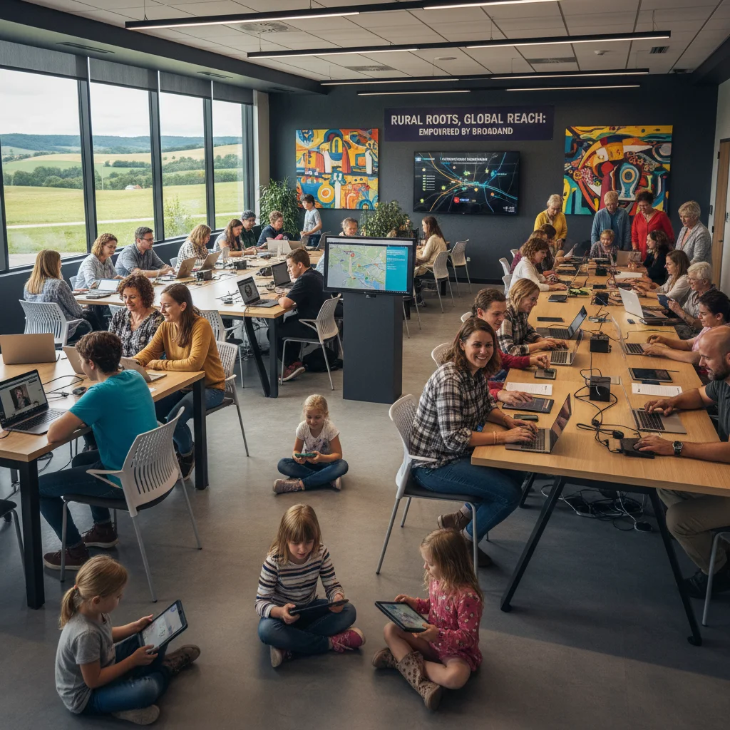 Diverse community members using high-speed internet in a rural community center