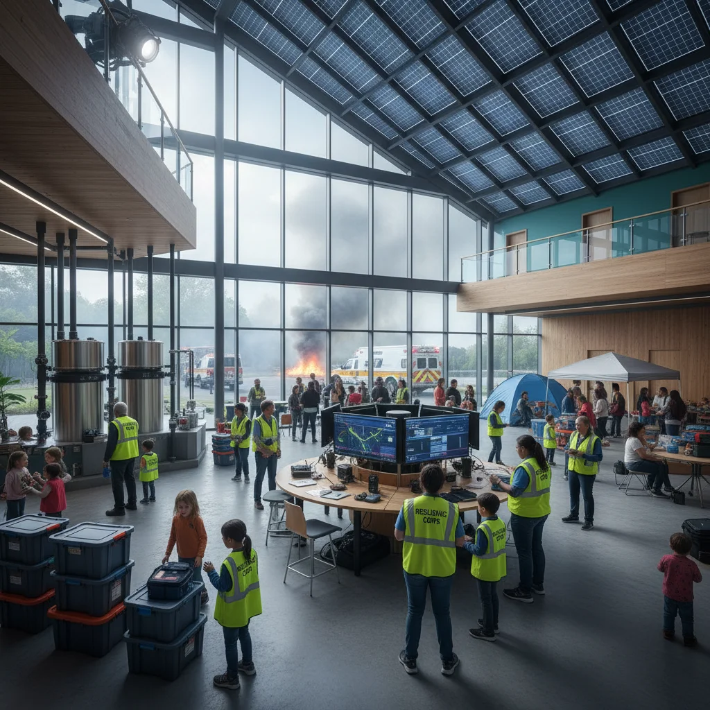 Community engaging in a resilience hub during a simulated emergency