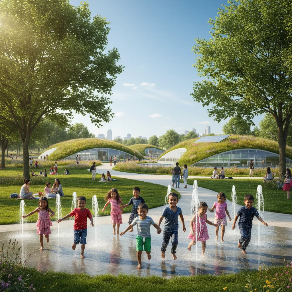 Children playing in a park near a public fountain, symbolizing community well-being from reliable water service.