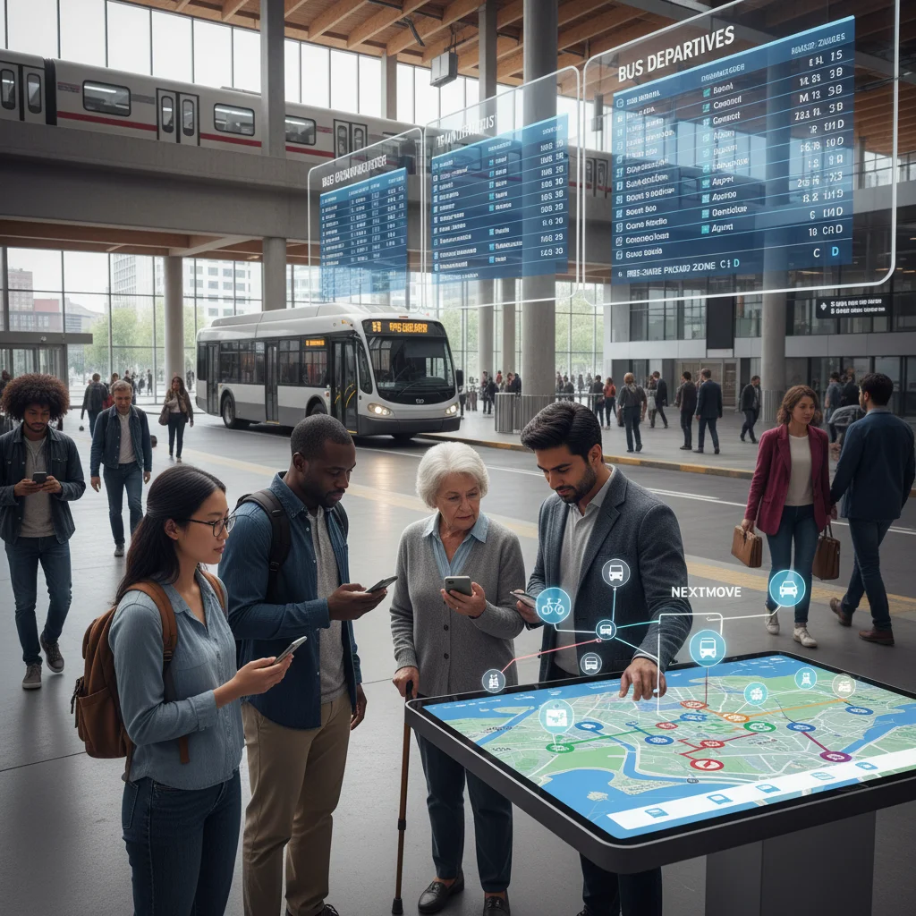 Commuters using a shared mobility app at a modern transit hub, showcasing integrated urban mobility.