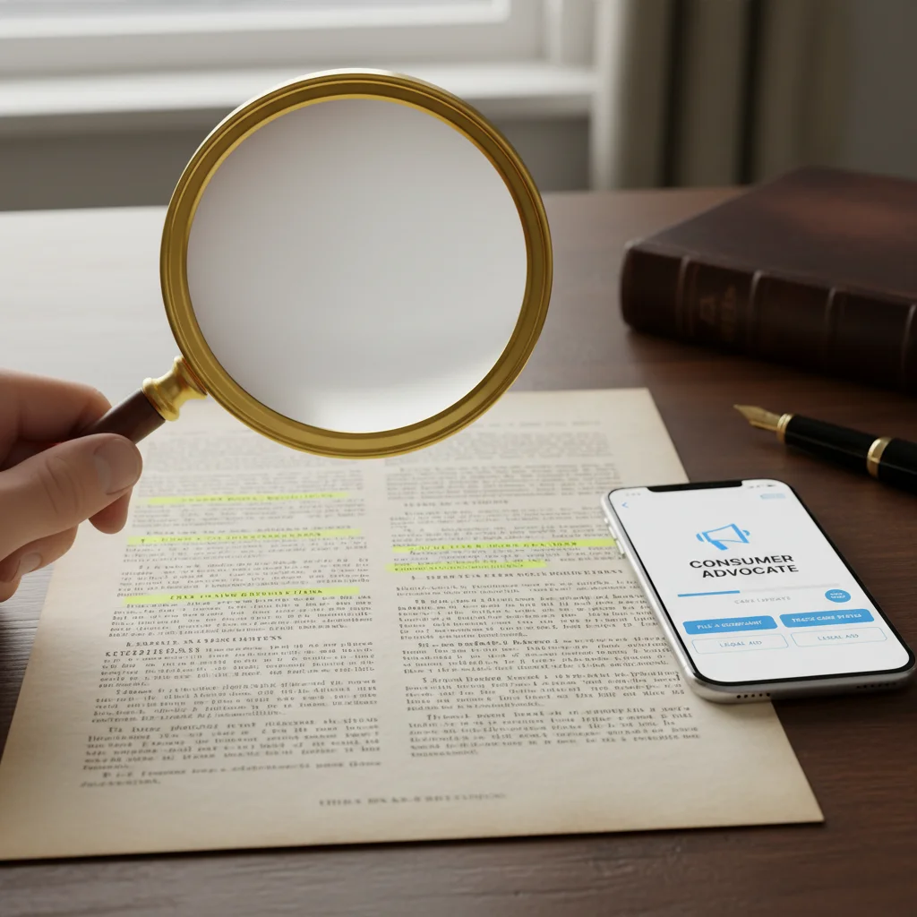 Magnifying glass on legal document detailing consumer rights and complaint app