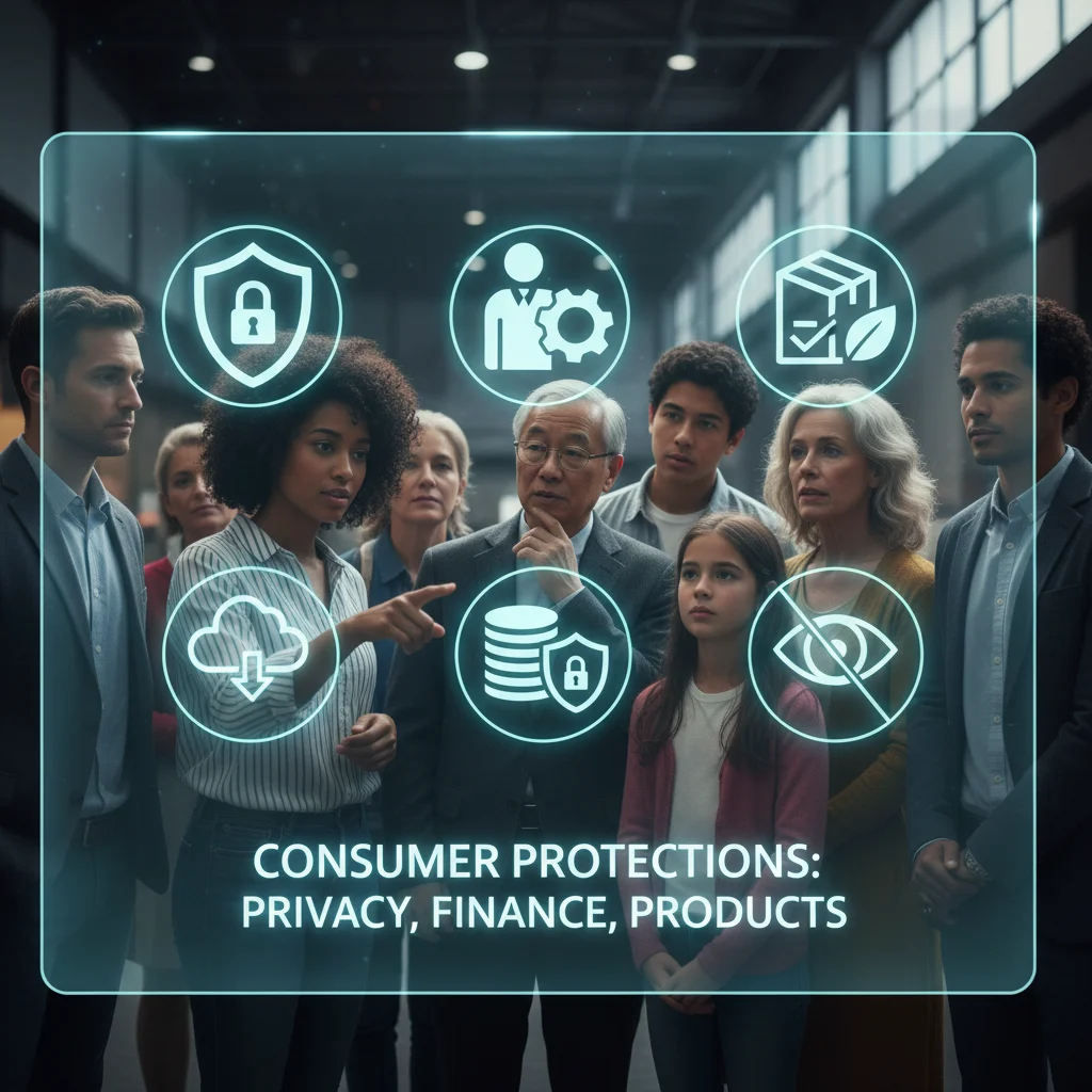 Diverse consumers reviewing digital information on data privacy and financial security