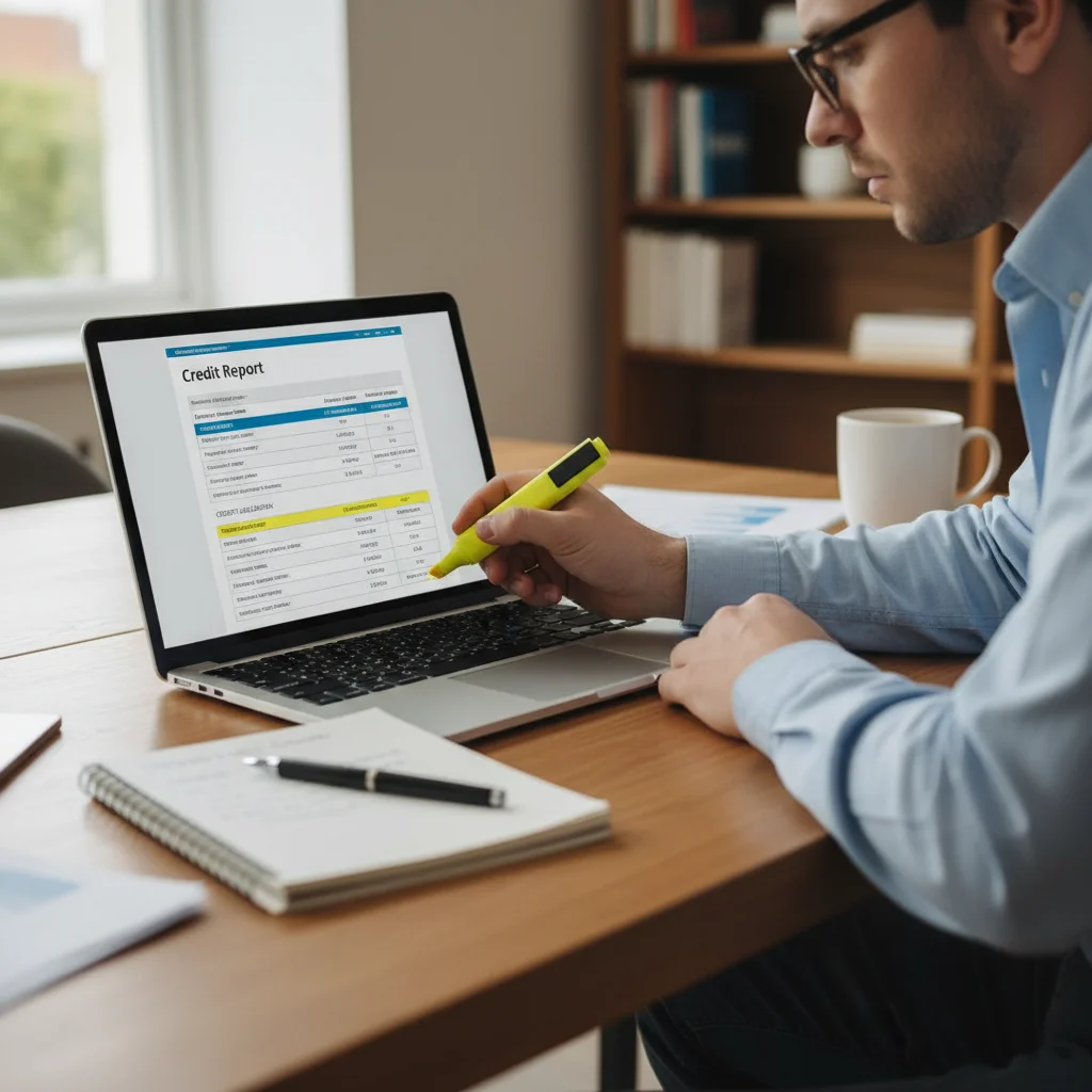 Person analyzing a credit report on a laptop for accuracy