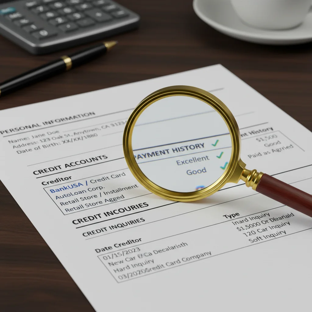 Detailed credit report being reviewed with a magnifying glass, symbolizing credit monitoring.