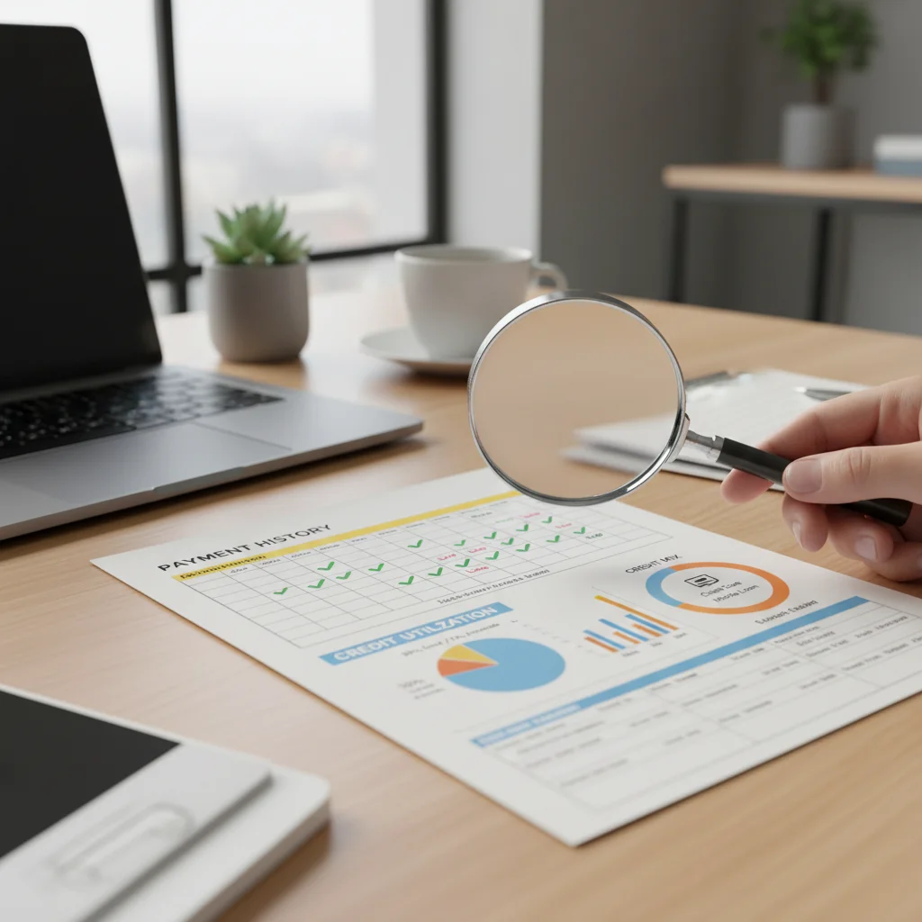 Detailed credit report document review with magnifying glass