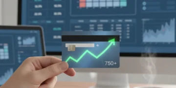Hand holding credit card with rising graph, symbolizing credit score improvement