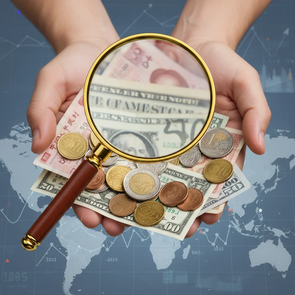 Hands analyzing currencies, symbolizing investment diversification and financial analysis
