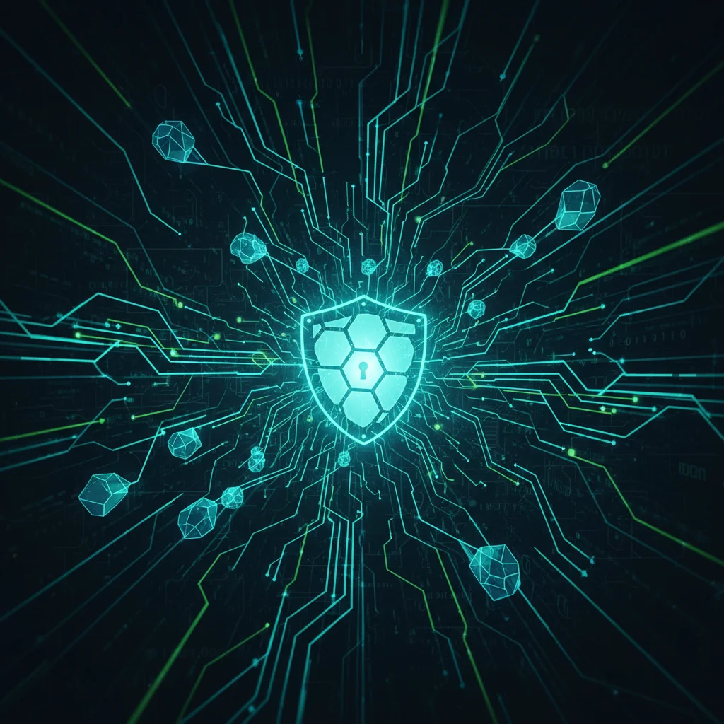 Cybersecurity network infrastructure with a protective shield icon.