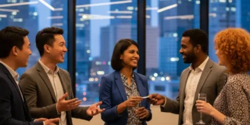 Diverse professionals networking at a modern urban event