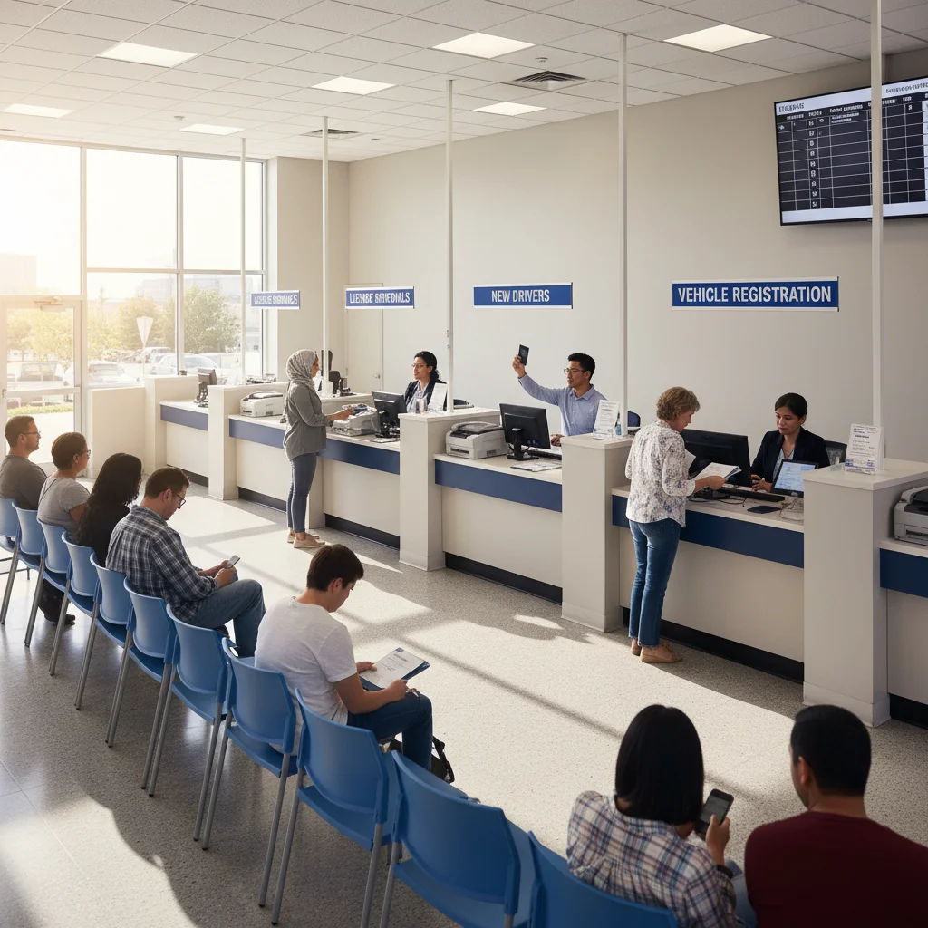 People interacting with DMV staff, illustrating the driver's license application process and new requirements.