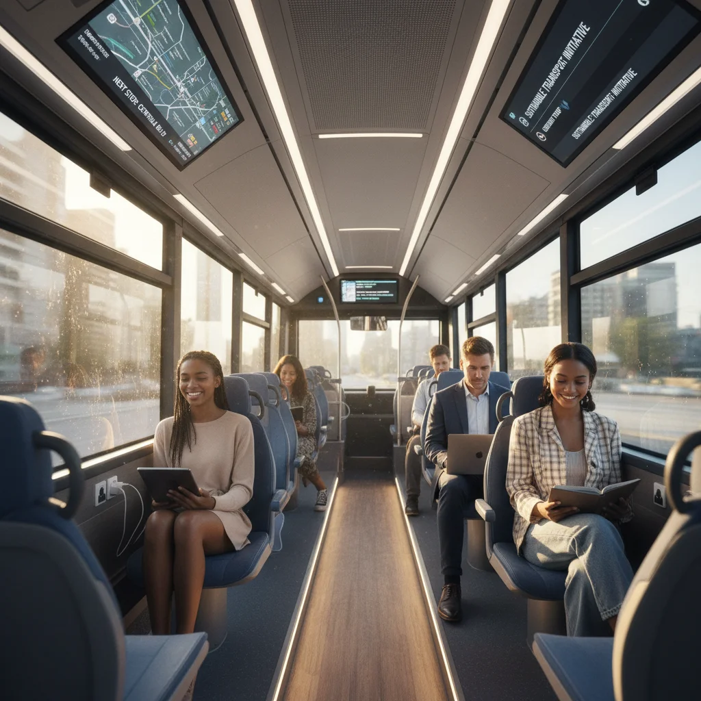 Passengers riding a modern, comfortable electric public transit bus with digital screens.