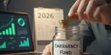 Person saving money in a jar for an emergency fund in 2026