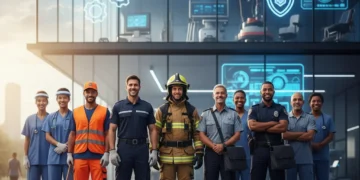 Diverse essential workers symbolizing safety and progress