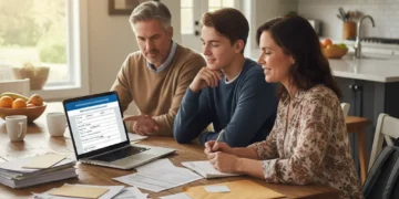 Parents and student reviewing FAFSA documents on a laptop
