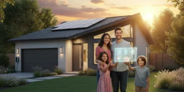 Family reviewing 2026 residential utility setup on a tablet outside their new smart home