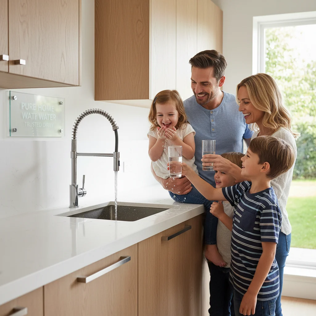Family drinking clean tap water in kitchen