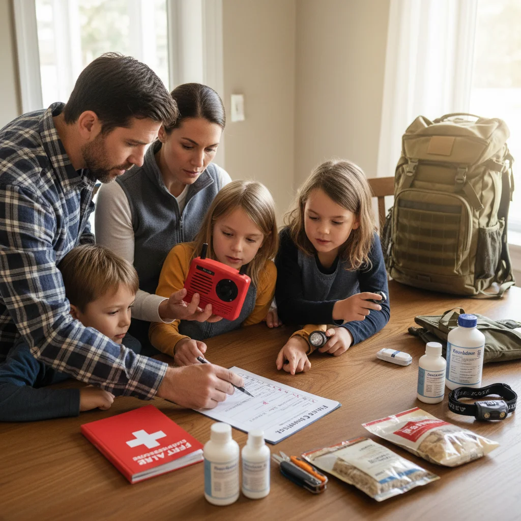 Family reviewing emergency kit checklist and supplies together.