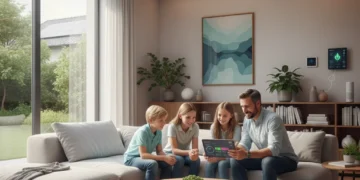 Family reviewing home energy data on a tablet in a modern living room.