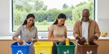 Family sorting recycling in kitchen