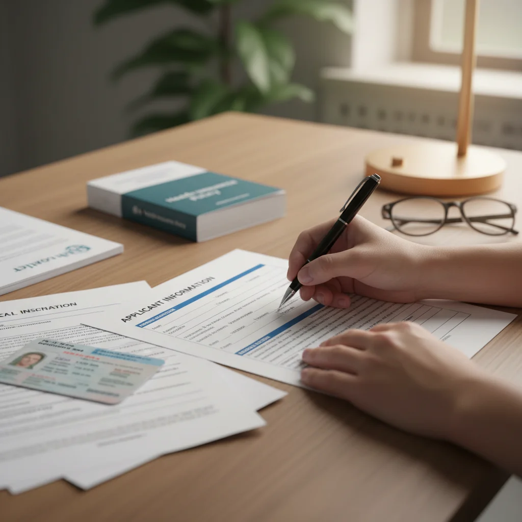 Hands filling out a healthcare enrollment form with a pen, surrounded by official documents.