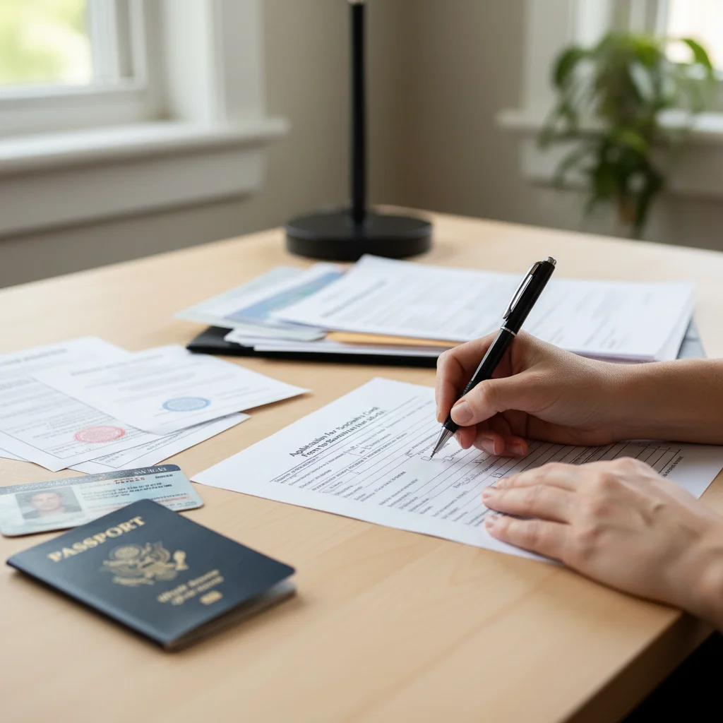 Person meticulously completing the 2026 Social Security Number application form.