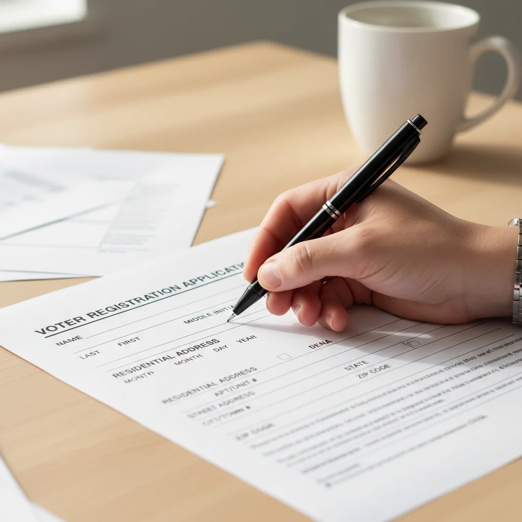 Person filling out a voter registration form, emphasizing the importance of accurate data.