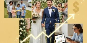 Couple at wedding, family with new home keys, person planning finances for future goals