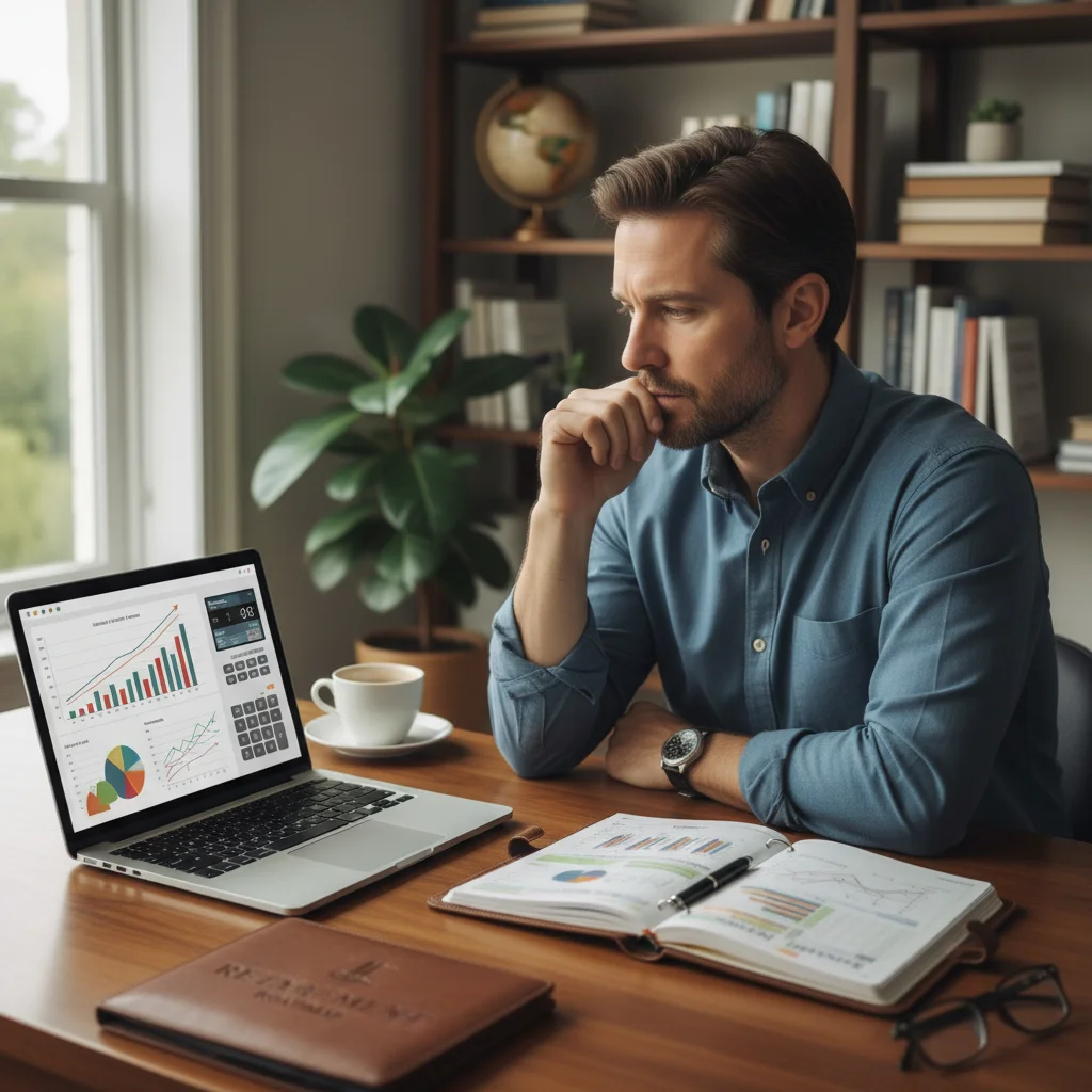 Person planning retirement strategy with laptop and financial charts