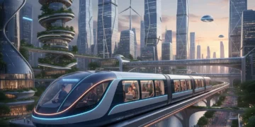 Futuristic electric public bus on a city street at dusk, symbolizing modern public transit adaptation.
