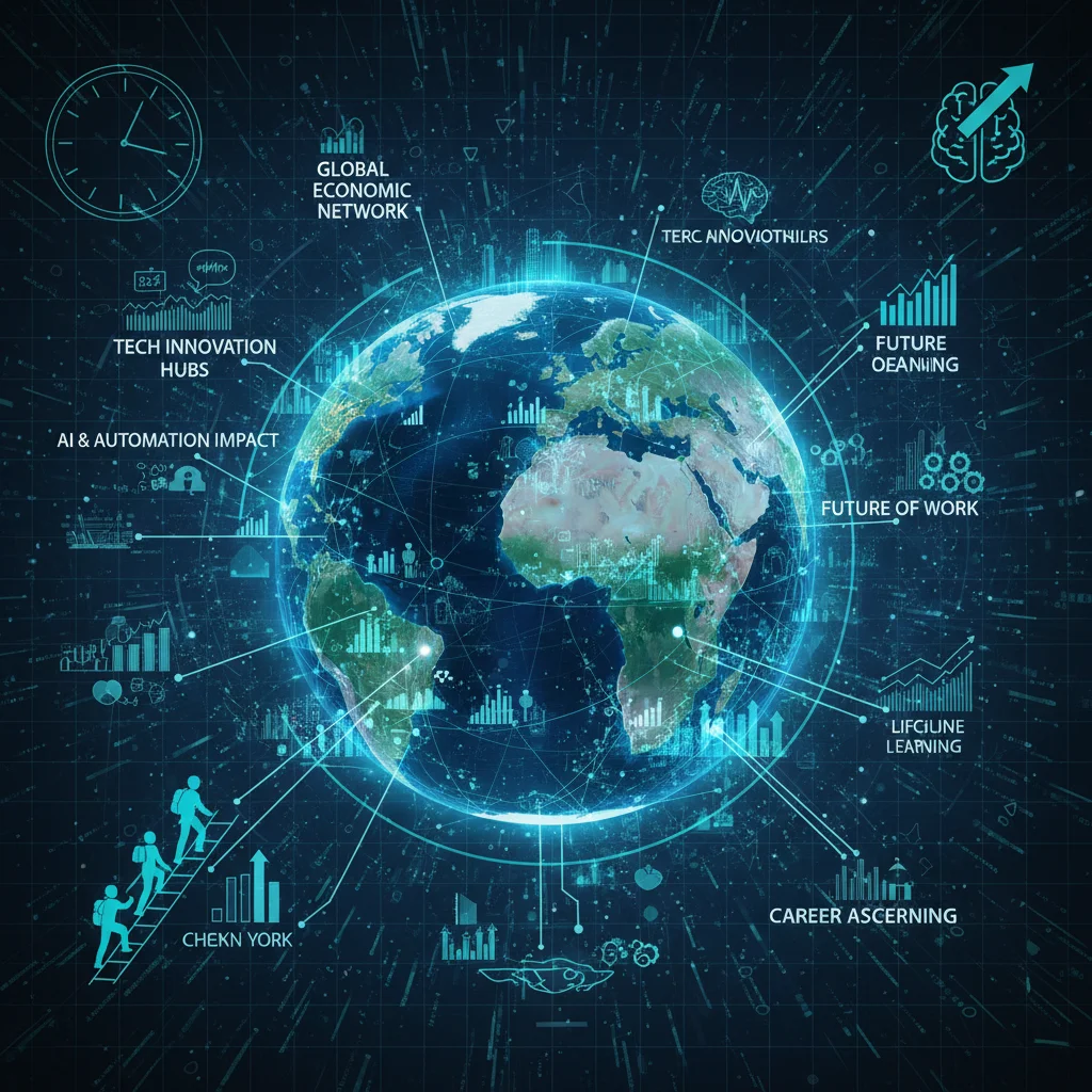 Global interconnected network symbolizing economic shifts and the impact of technology on job markets.