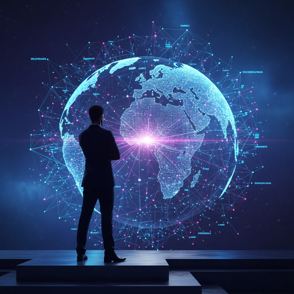 Global leadership network with interconnected glowing lines and dots.