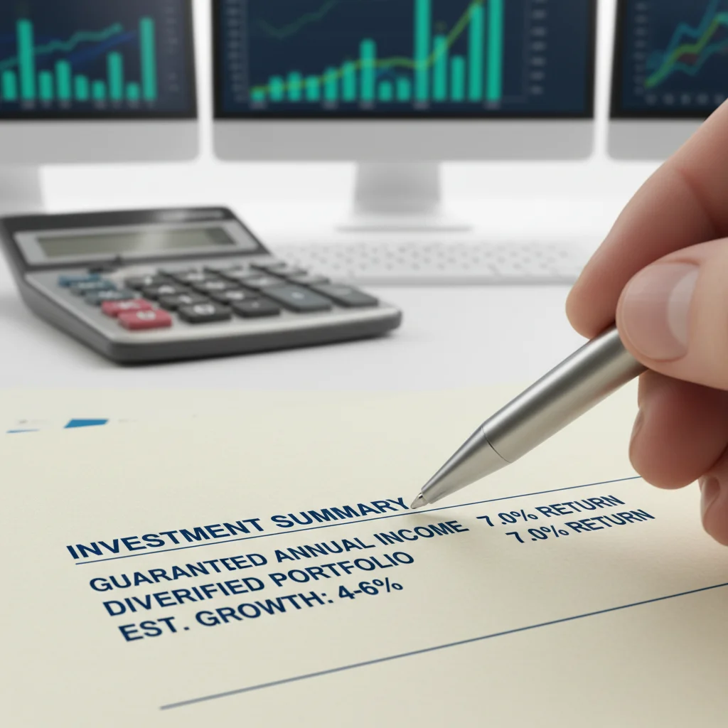 Hand pointing to a 7% guaranteed income on a financial statement, indicating retirement security.