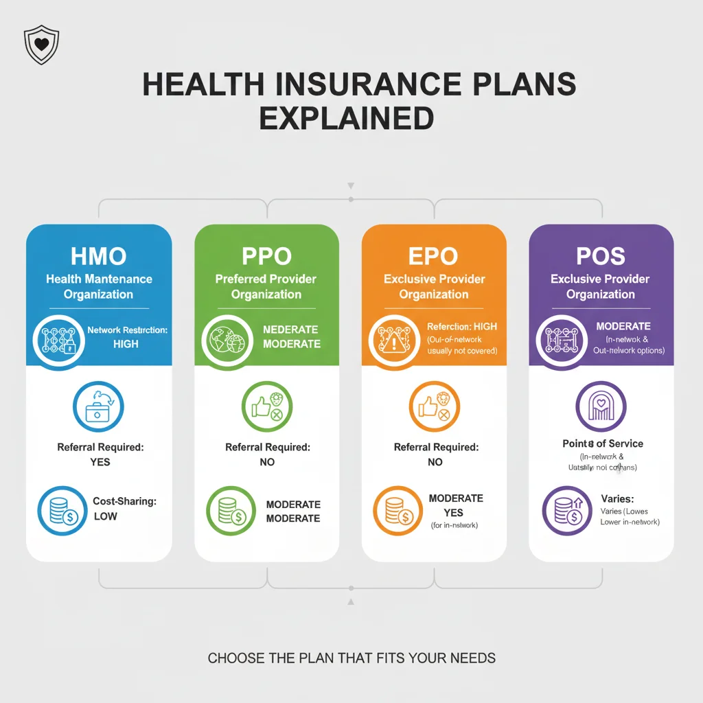 Infographic illustrating different types of health insurance plans and their features.